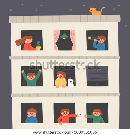Neighbors look at the window. Building background of evening sky. hand drawing style vector illustration flat design