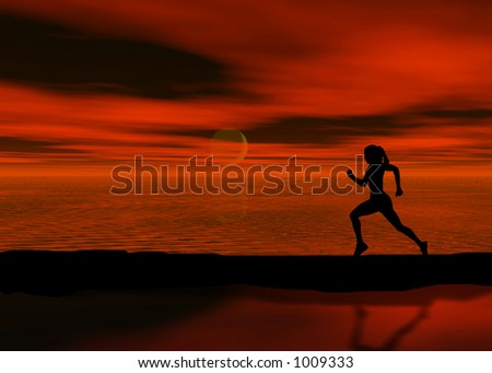 A photo of a woman jogging at sunset