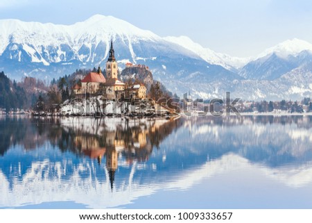 Lake Bled with St. Marys Church of the Assumption on the small island; Bled, Slovenia, Europe. Royalty-Free Stock Photo #1009333657