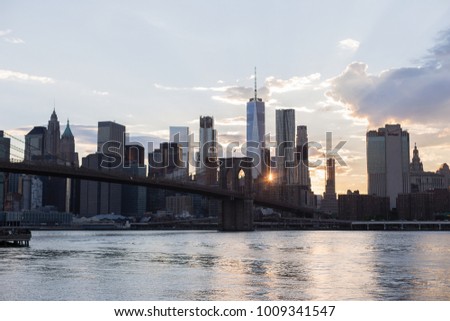 The Financial District of Lower Manhattan viewed from the Brooklyn Bridge Park
