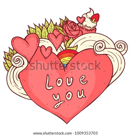 Vector hand drawn doodle composition of a retro style heart with rainbow and cupcake and a rose