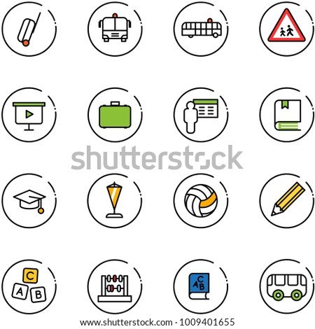 line vector icon set - suitcase vector, airport bus, children road sign, presentation board, case, book, graduate hat, pennant, volleyball, pencil, abc cube, abacus, toy