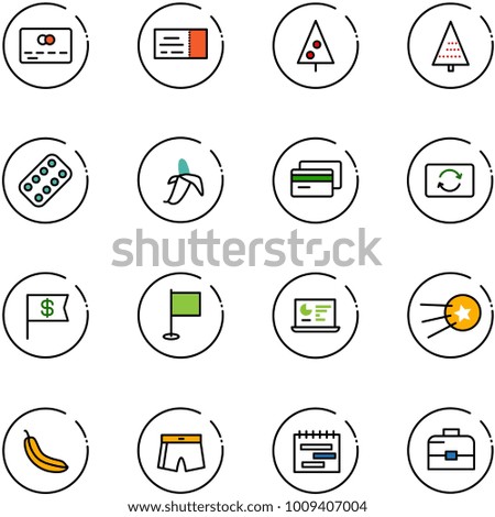 line vector icon set - credit card vector, ticket, christmas tree, pills blister, banana, exchange, dollar flag, statistics monitor, first satellite, swimsuit, terms plan, case