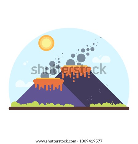 Two smoking volcanoes on island. Flat Style Illustration