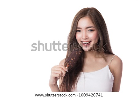 Happy asian woman eating ice cream, isolated on white background