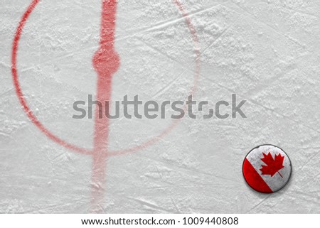 Fragment of the hockey arena with the central circle and the Canadian puck. Concept, hockey