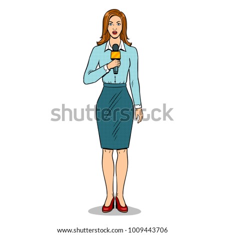 Journalist is reporting with microphone pop art retro raster illustration. Isolated image on white background. Comic book style imitation.