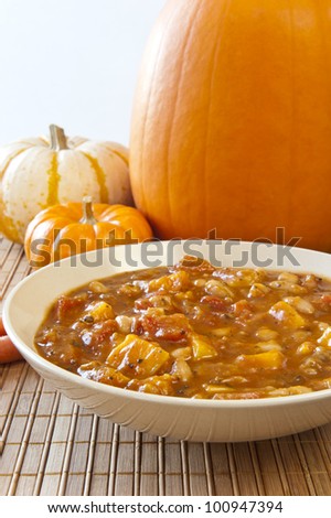 Fall time stew of pumpkin, tomatoes, beans and other vegetables