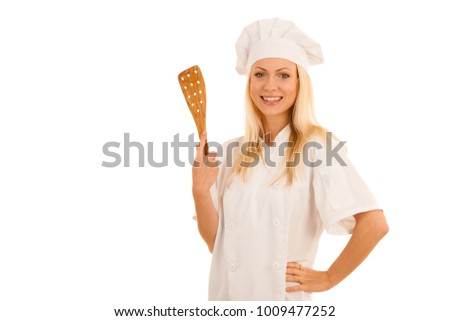 beautiful blond Woman chef isolated over white background