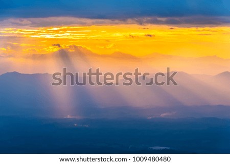 Nature background. Ray light at mountain in sunset. Fantasy sky scene. Amazing nature background. Picture for add text message. Backdrop for design art work.