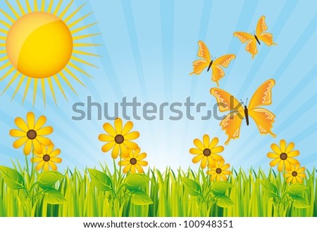 beautiful garden with yellow flower and butterflies. vector