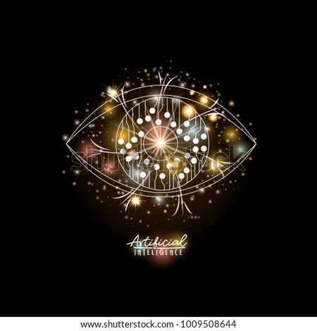artificial intelligence poster with human hybrid eye silhouette in transparency over black background with colorful sparkles