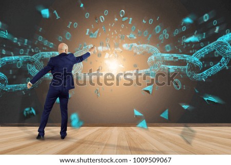 View of a Businessman in front of a wall with Weak link of a Broken blockchain exploding - 3d render