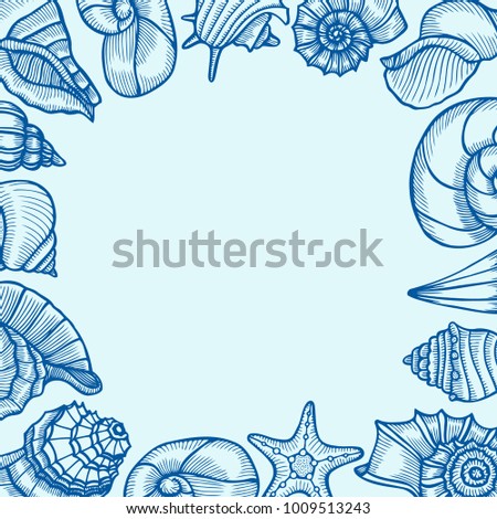 Vintage seafood frame vector illustration. Hand drawn Seashell with ink. Engraved style image