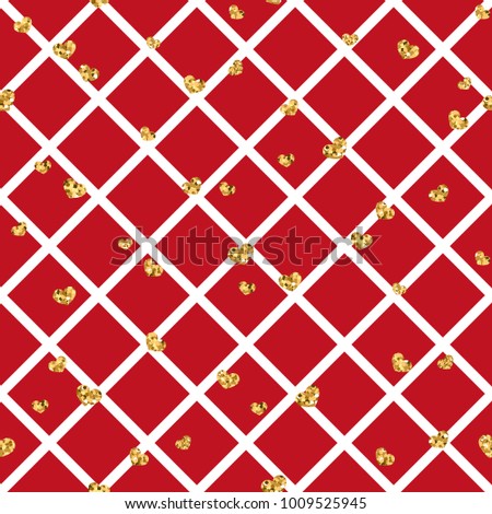 Gold heart seamless pattern. Red-white geometric decoration, golden confetti-hearts. Symbol of love, Valentine day holiday. Design wallpaper, background, fabric texture Vector illustration