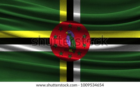 Realistic flag of Dominica on the wavy surface of fabric