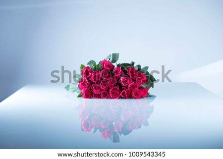 Valentines day concept background. Roses, gifts, romantic decorations. Place for text.