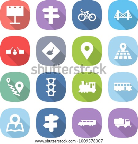 flat vector icon set - billboard vector, singlepost, bike, bridge, drawbridge, under construction, geo pin, map, route, traffic light, train, bus, signpost, speed, sweeper