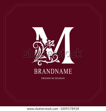 Elegant Capital letter M. Graceful floral style. Calligraphic beautiful logo. Vintage drawn emblem for book design, brand name, business card, Restaurant, Boutique, Hotel, Cafe. Vector illustration