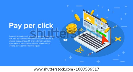 Pay per click marketing isometric vector concept illustration. Ppc business or cpc advertising web banner. Cost per click technology background. Royalty-Free Stock Photo #1009586317