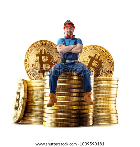 Miner man posing with a golden bitcoin stacks of coins on a background. Virtual cryptocurrency concept.