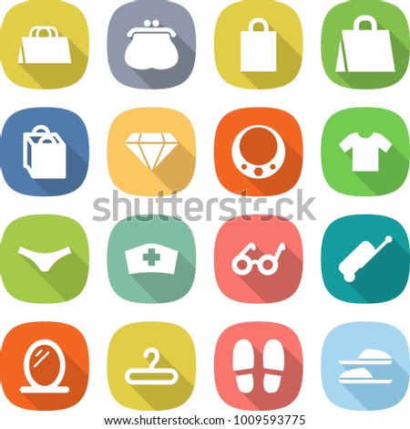 flat vector icon set - shopping bag vector, purse, diamond, necklace, t shirt, underpants, medical hat, pacemaker, suitcase, mirror, hanger, slippers