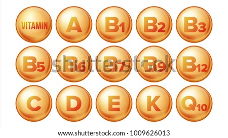 Vitamin Icons Set Vector. Organic Vitamin Gold Pill Icon. Medicine Capsule, Golden Substance. 3D Vitamin Complex With Chemical Formula. Isolated Illustration Royalty-Free Stock Photo #1009626013