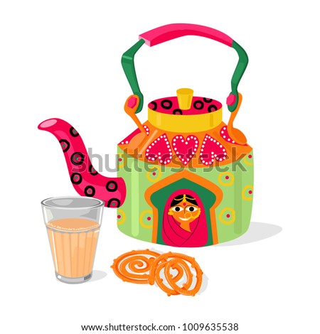 Beautiful hand painted indian kettle and glass of masala chai tea. Traditional deep frying street food sweets jalebi. Vector illustration Royalty-Free Stock Photo #1009635538