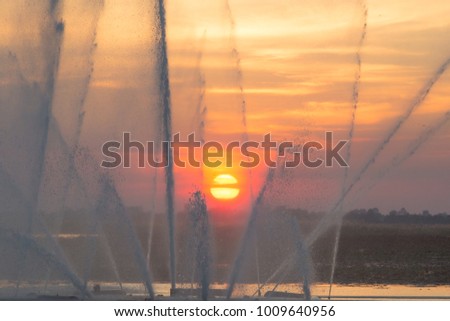 Focused on fountain water on the lake pond or river with sunset light on background.