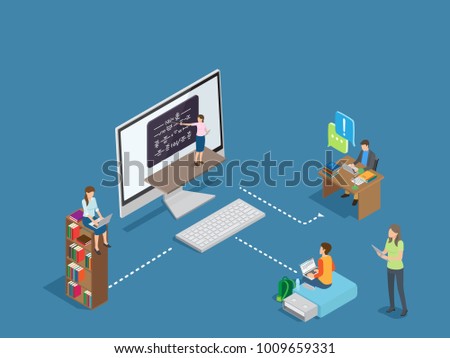 Online education process template with studying people via Internet in front of various gadgets  colorful illustration in graphic design