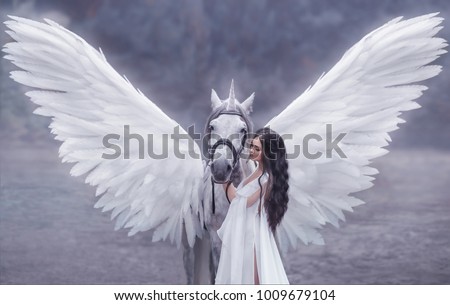 Beautiful, young elf, walking with a unicorn. She is wearing an incredible light, white dress. Art hotography Royalty-Free Stock Photo #1009679104