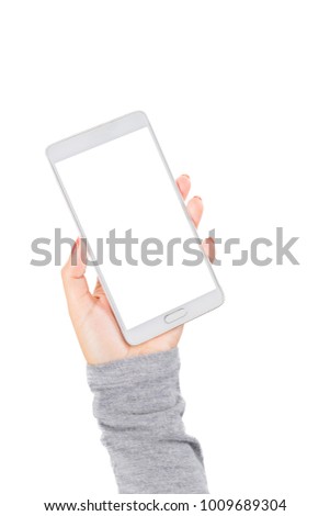 The left hand of a woman painted red nails holding smart phone with blank screen on white background.