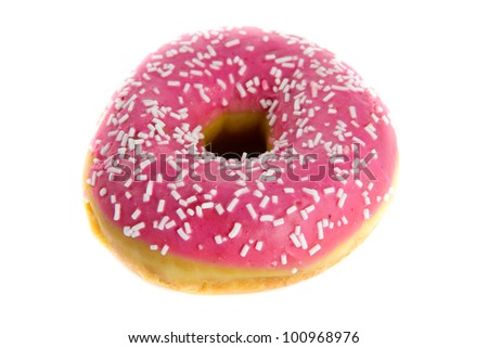 Close up picture of a strawberry donut on a white background