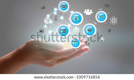 Application icons interface on hand. Social media concept                               