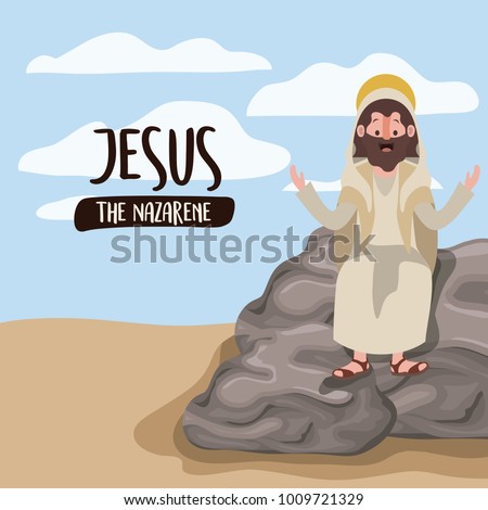 jesus the nazarene in scene in desert sitting on the rocks in colorful silhouette