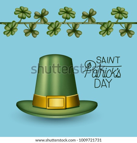 poster saint patricks day with green top hat and climbing plant of clovers in colorful silhouette over light blue background