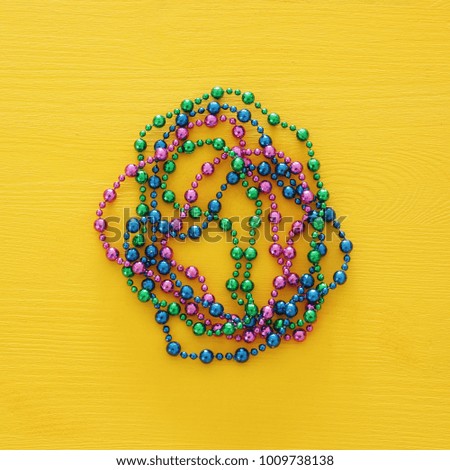 Top view image of colorful beads. Flat lay. Copy space