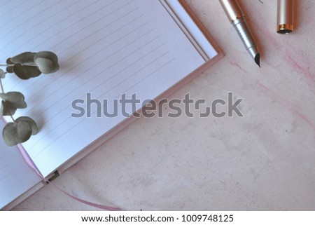 Opened notebook and pen on the pink concrete table. Beautiful business flat lay.