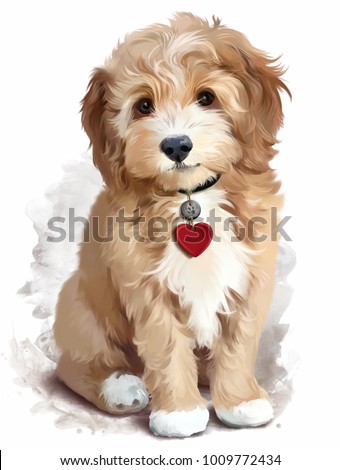 Shaggy yellow puppy watercolor painting