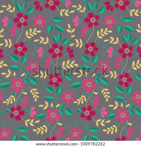 Floral Embroidery seamless pattern with isolated red flowers for your design, cards, prints, fabrics. Vector illustration.