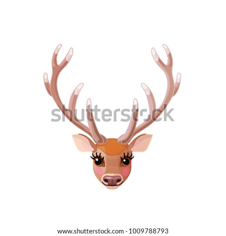 vector single horned Red deer. Cartoon animal clip art. Woodland wildlife. Mascot character. Nursery wall baby decor. Nature design element. Wild handdrawn creature isolated on white background. 44
