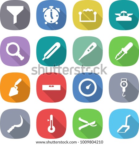 flat vector icon set - funnel vector, alarm clock, electrostatic, scales, magnifier, medical thermometer, pipette, construction, level, barometer, handle, sickle, pruner, scoop