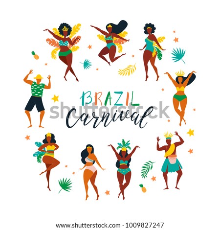 Vector characters. Set of brazilian samba dancers of the carnival in Rio de Janeiro. Vector illustration in retro flat style with carnival women and men. Design element for carnival concept.