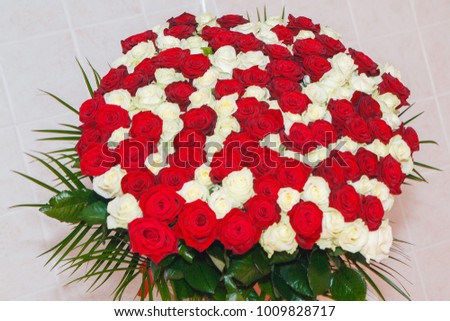 Awesome big bouquet of fresh red and white roses for Valentine's day, March 8, Birthday etc. Love and romantic