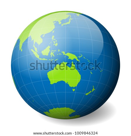 Earth globe with green world map and blue seas and oceans focused on Australia. With thin white meridians and parallels. 3D glossy sphere vector illustration.