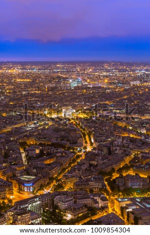 Aerial view to Arch of Triumph in Paris at night