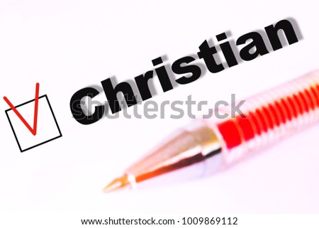 The word Christianity with the mark opposite on a white background with a lying handle opposite