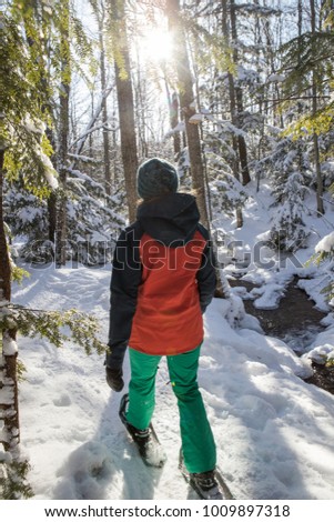 Beautiful woman snowshoeing in the forest in Ontario, Canada.
