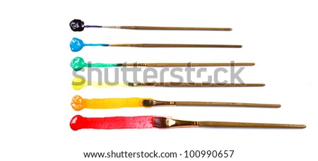 Assorted paint brushes on canvas background with lines of paint on white background