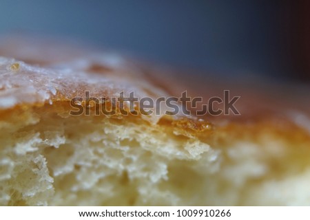 Artistic high resolution extreme close up of sugar coated crust of polish donut with blurred background. Creative shot of hommade dessert.